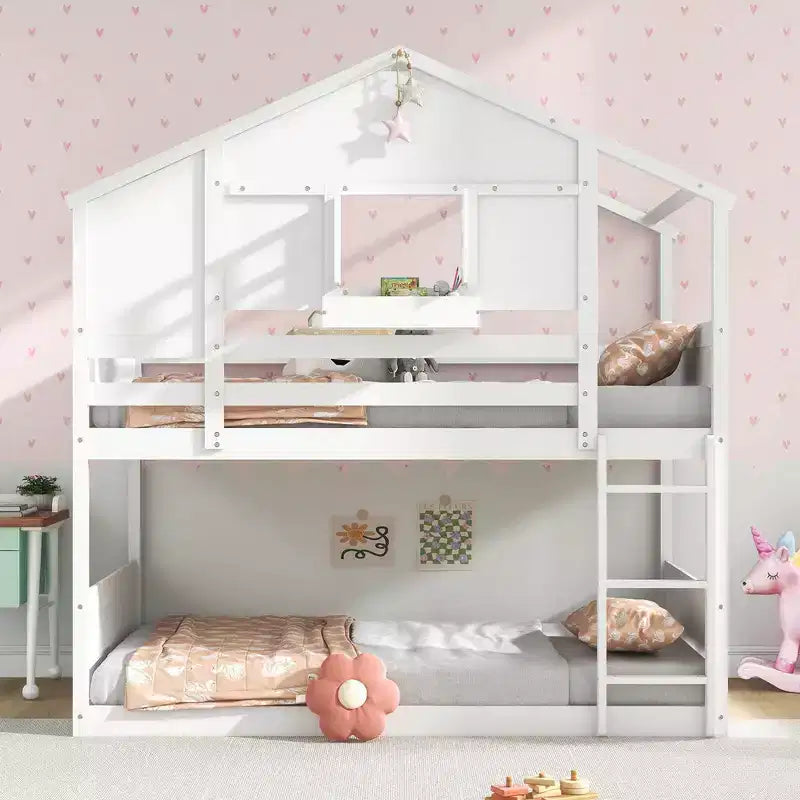 Lit superposé Costway pour enfants, avec toit, fenêtre verrouillable, boîte de rangement et lattes en bois
