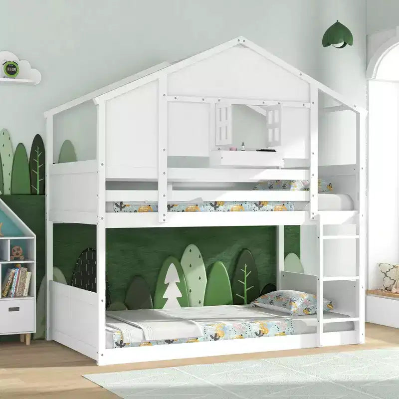 Lit superposé Costway pour enfants, avec toit, fenêtre verrouillable, boîte de rangement et lattes en bois