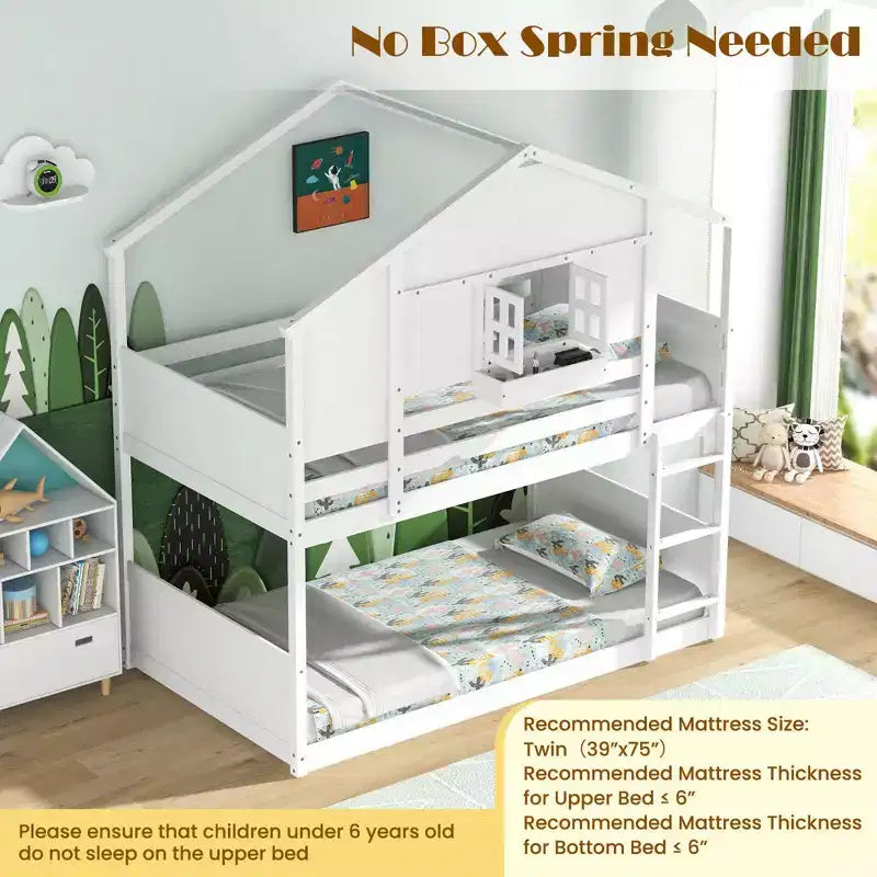 Lit superposé Costway pour enfants, avec toit, fenêtre verrouillable, boîte de rangement et lattes en bois