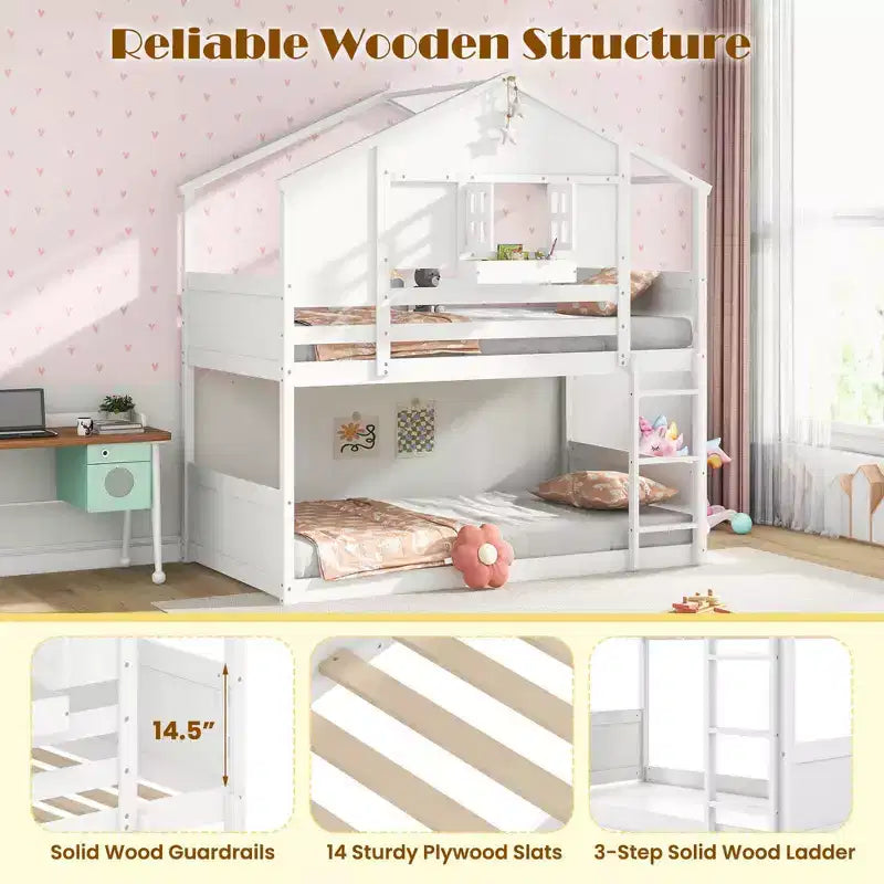 Lit superposé Costway pour enfants, avec toit, fenêtre verrouillable, boîte de rangement et lattes en bois