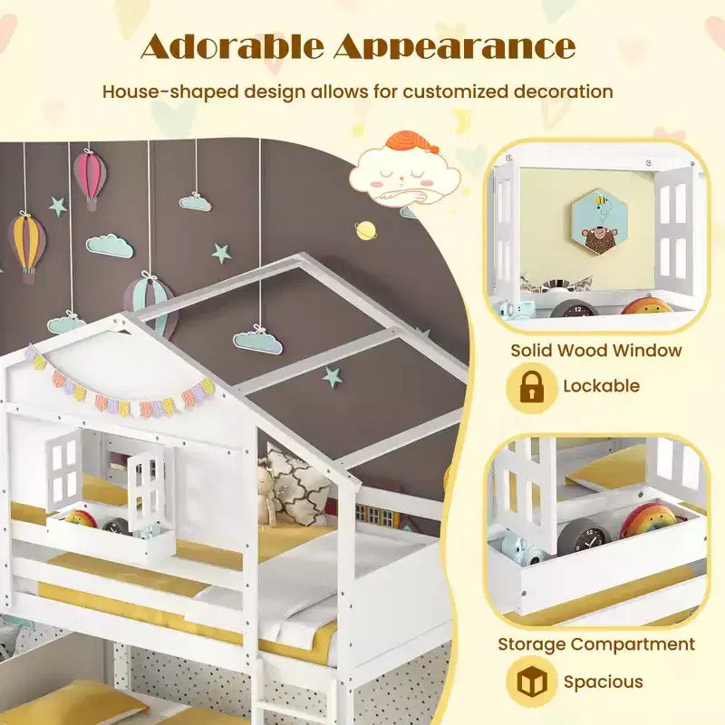 Lit superposé Costway pour enfants, avec toit, fenêtre verrouillable, boîte de rangement et lattes en bois