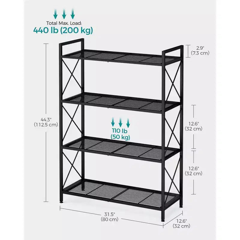 SONGMICS Étagère de rangement en métal à 4 niveaux, avec cadres latéraux en X, maillage dense, 32 x 80 x 112,5 cm, style industriel, noir encre