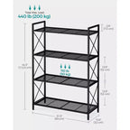 SONGMICS Étagère de rangement en métal à 4 niveaux, avec cadres latéraux en X, maillage dense, 32 x 80 x 112,5 cm, style industriel, noir encre