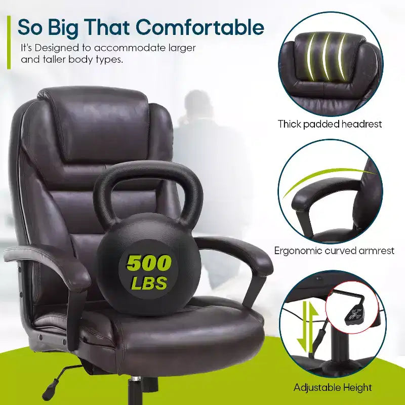BestMassage Chaise de bureau grande taille avec capacité de poids de 227 kg et revêtement en cuir PU, chaise de bureau informatique pour personnes fortes