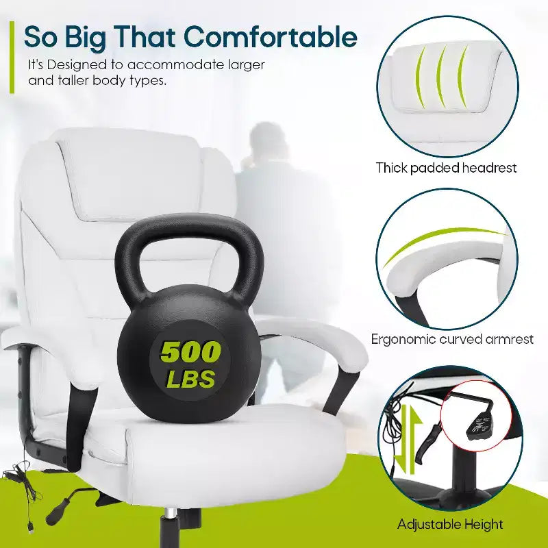 BestMassage Chaise de bureau grande taille avec capacité de poids de 227 kg et revêtement en cuir PU, chaise de bureau informatique pour personnes fortes