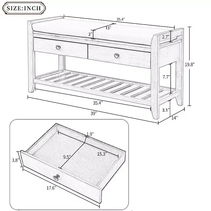 Banc de rangement multifonction Whisen pour entrée avec coussin amovible et tiroirs