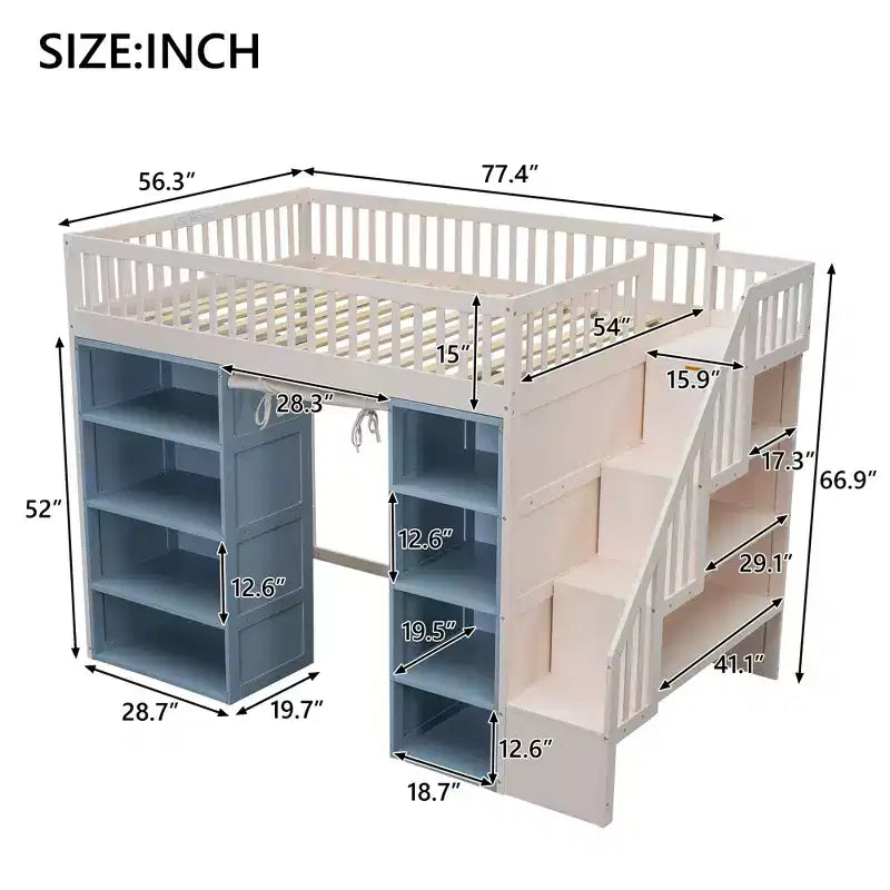 Lit mezzanine pleine grandeur avec 2 armoires de rangement à quatre niveaux, rideau et escalier de rangement multifonctionnel, Blanc+Bleu-ModernLuxe