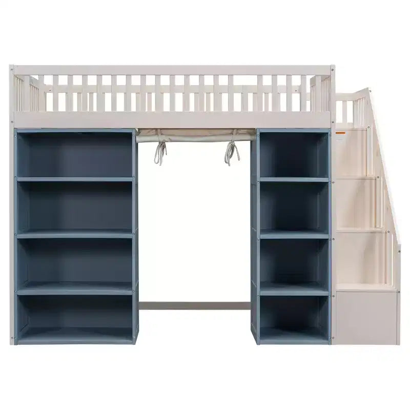 Lit mezzanine pleine grandeur avec 2 armoires de rangement à quatre niveaux, rideau et escalier de rangement multifonctionnel, Blanc+Bleu-ModernLuxe