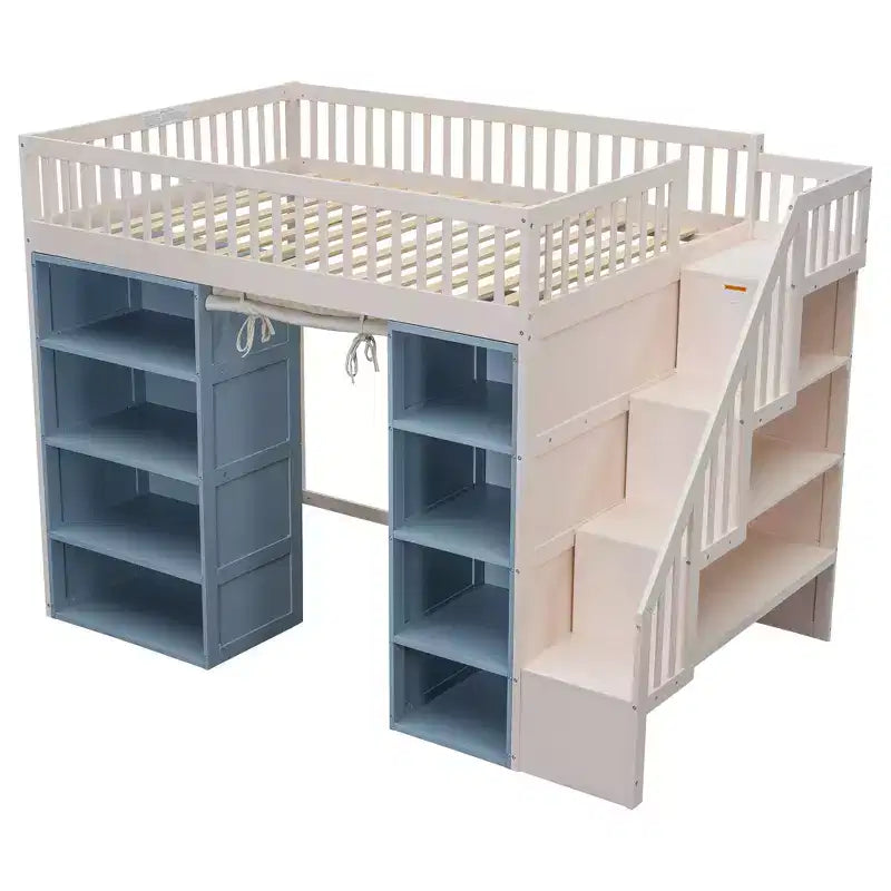 Lit mezzanine pleine grandeur avec 2 armoires de rangement à quatre niveaux, rideau et escalier de rangement multifonctionnel, Blanc+Bleu-ModernLuxe