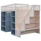 Lit mezzanine pleine grandeur avec 2 armoires de rangement à quatre niveaux, rideau et escalier de rangement multifonctionnel, Blanc+Bleu-ModernLuxe