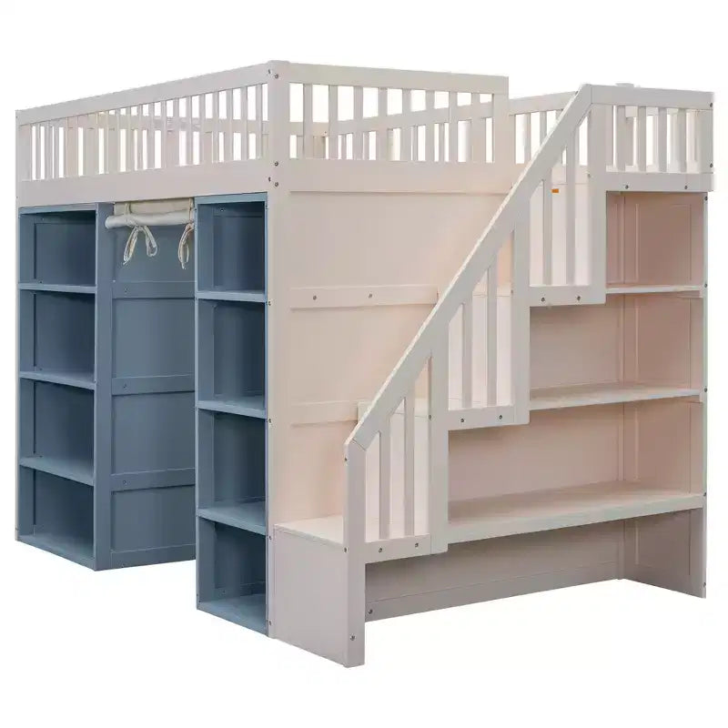 Lit mezzanine pleine grandeur avec 2 armoires de rangement à quatre niveaux, rideau et escalier de rangement multifonctionnel, Blanc+Bleu-ModernLuxe