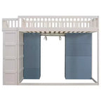 Lit mezzanine pleine grandeur avec 2 armoires de rangement à quatre niveaux, rideau et escalier de rangement multifonctionnel, Blanc+Bleu-ModernLuxe