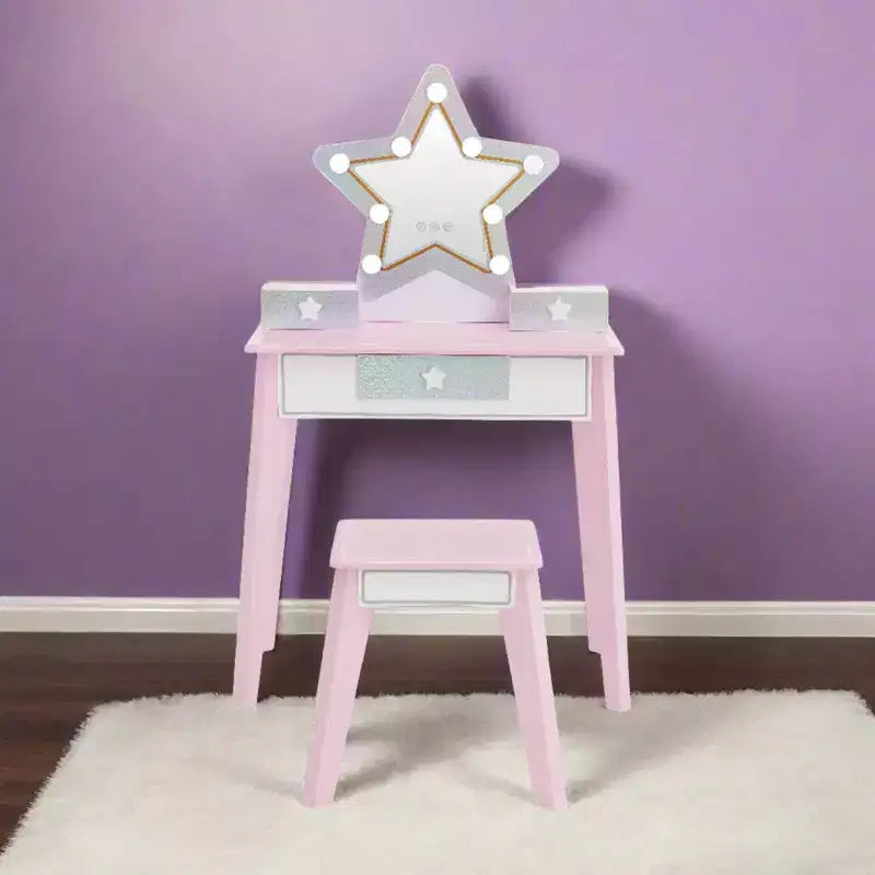 Fantasy Fields Little Princess Star Kids Wooden Vanity Set with LED Mirror & Stool