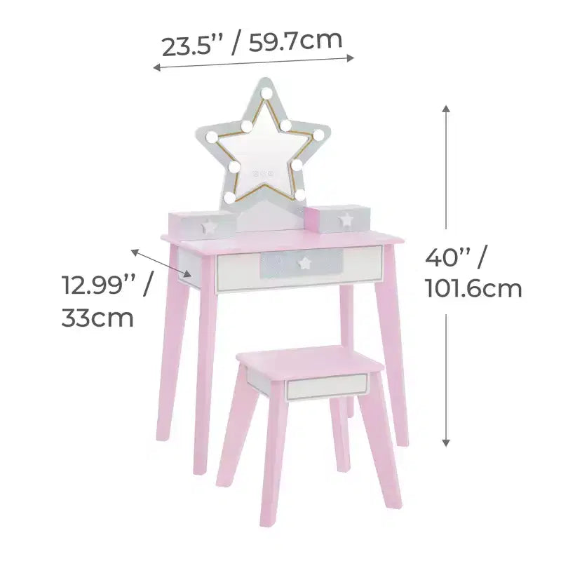 Fantasy Fields Coiffeuse pour enfant en bois Little Princess Star avec miroir LED et tabouret