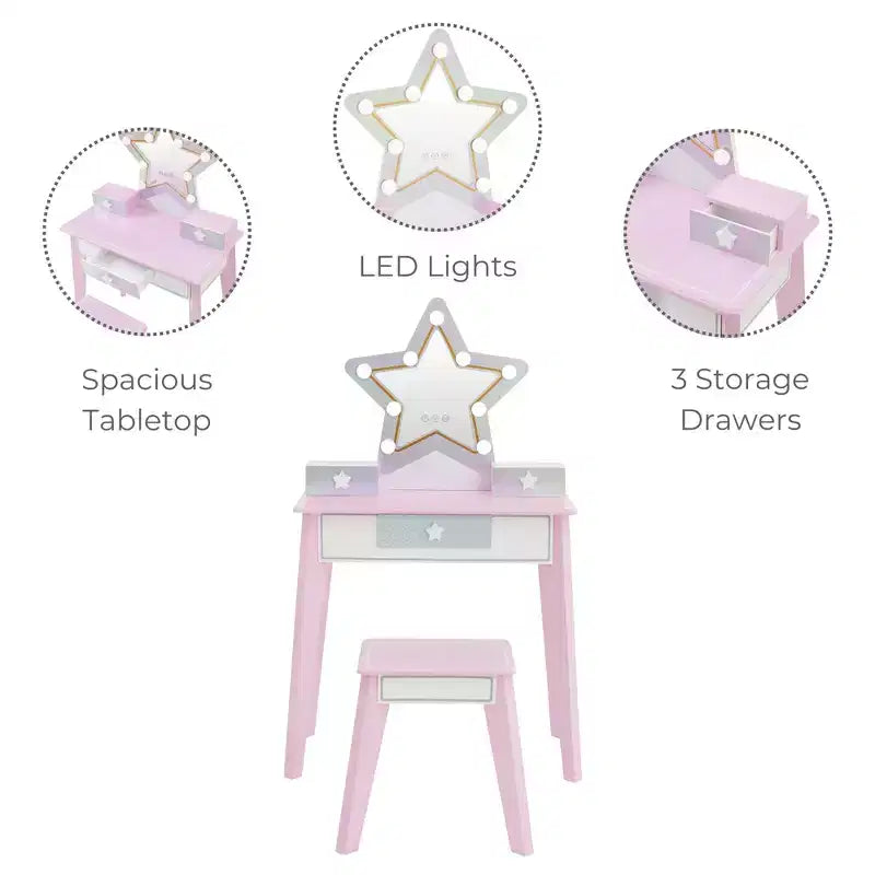Fantasy Fields Coiffeuse pour enfant en bois Little Princess Star avec miroir LED et tabouret