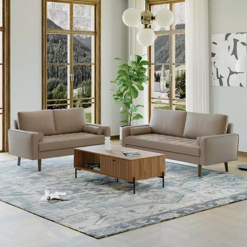 Canapé et causeuse Luige 2 pièces de style Mid-Century Modern avec accoudoirs carrés en similicuir – Tree City