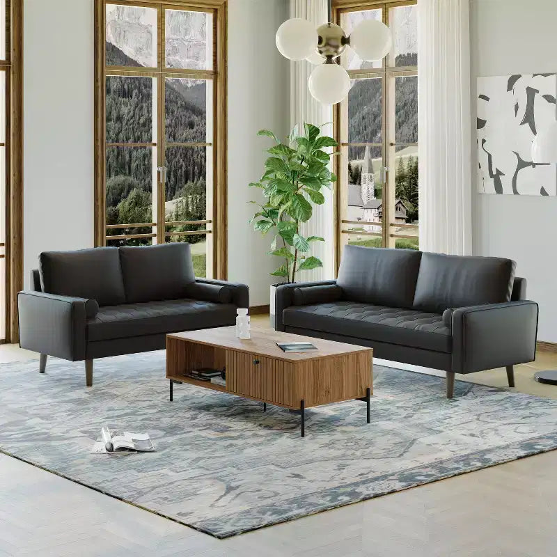 Canapé et causeuse Luige 2 pièces de style Mid-Century Modern avec accoudoirs carrés en similicuir – Tree City