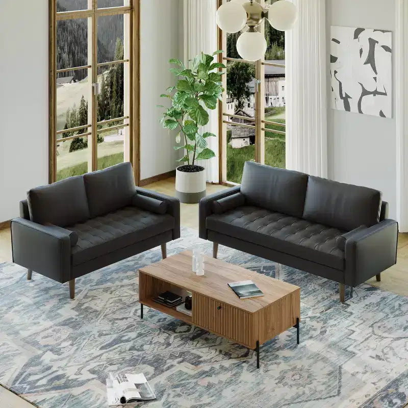 Canapé et causeuse Luige 2 pièces de style Mid-Century Modern avec accoudoirs carrés en similicuir – Tree City