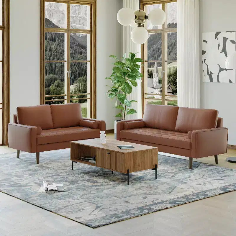 Canapé et causeuse Luige 2 pièces de style Mid-Century Modern avec accoudoirs carrés en similicuir – Tree City