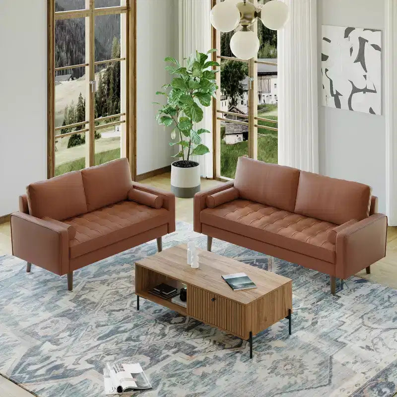 Canapé et causeuse Luige 2 pièces de style Mid-Century Modern avec accoudoirs carrés en similicuir – Tree City