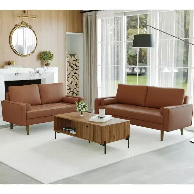 Canapé et causeuse Luige 2 pièces de style Mid-Century Modern avec accoudoirs carrés en similicuir – Tree City