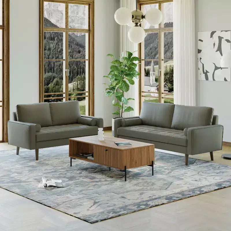 Canapé et causeuse Luige 2 pièces de style Mid-Century Modern avec accoudoirs carrés en similicuir – Tree City