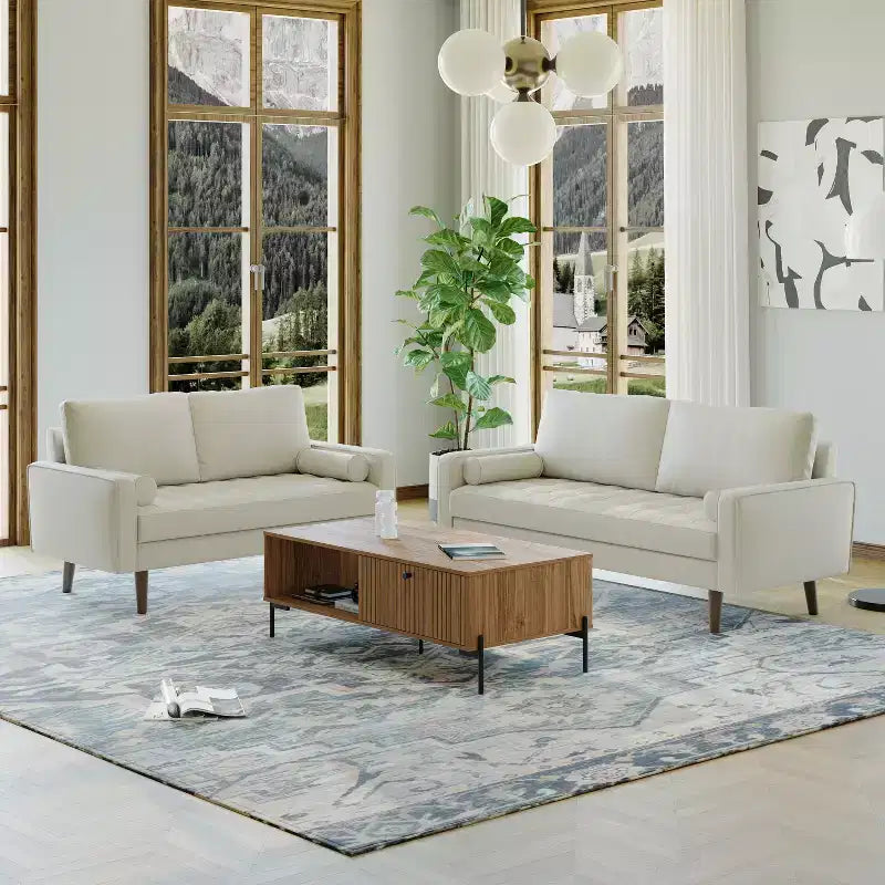 Canapé et causeuse Luige 2 pièces de style Mid-Century Modern avec accoudoirs carrés en similicuir – Tree City