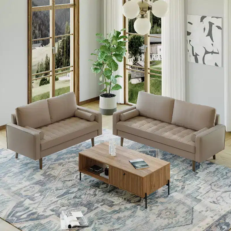 Luige 2 Piece Mid-Century Modern Square Arm Faux Leather Sofa and Loveseat Set - Tree City