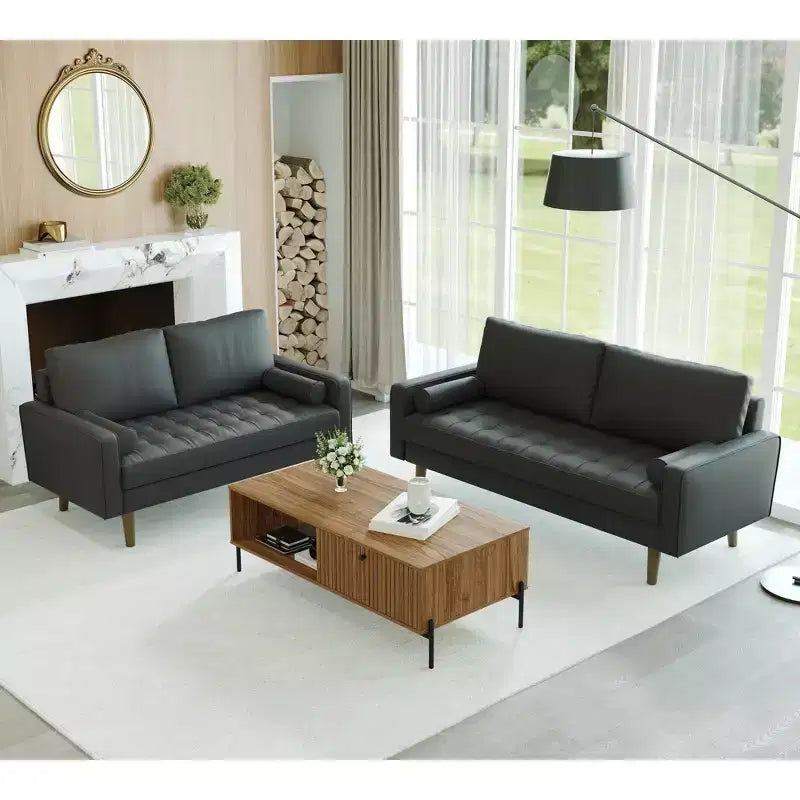 Canapé et causeuse Luige 2 pièces de style Mid-Century Modern avec accoudoirs carrés en similicuir – Tree City