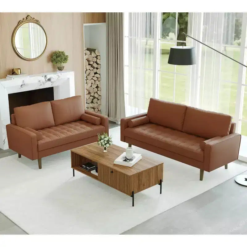 Canapé et causeuse Luige 2 pièces de style Mid-Century Modern avec accoudoirs carrés en similicuir – Tree City