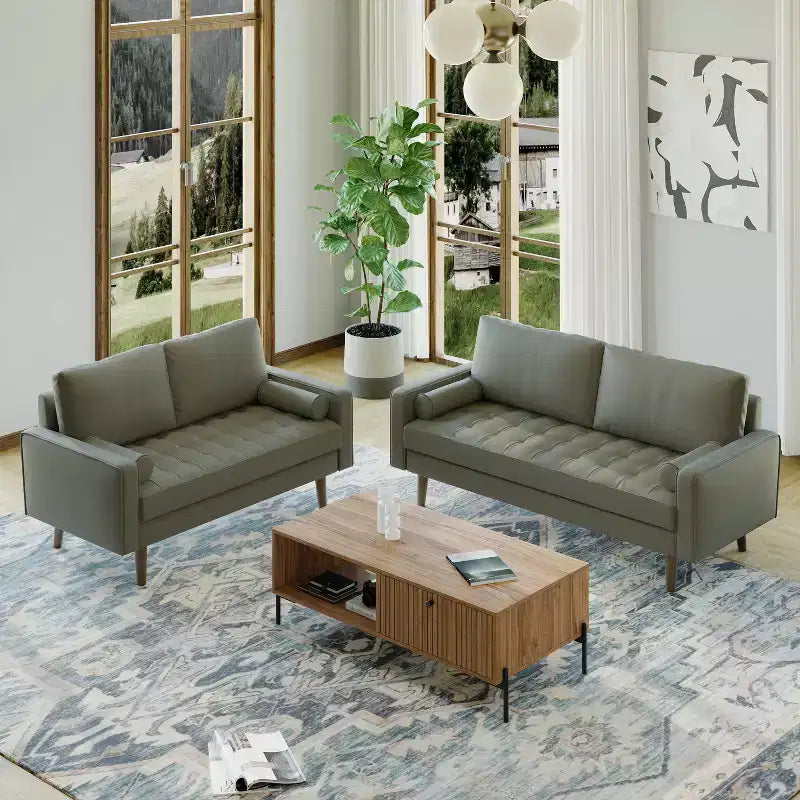 Canapé et causeuse Luige 2 pièces de style Mid-Century Modern avec accoudoirs carrés en similicuir – Tree City