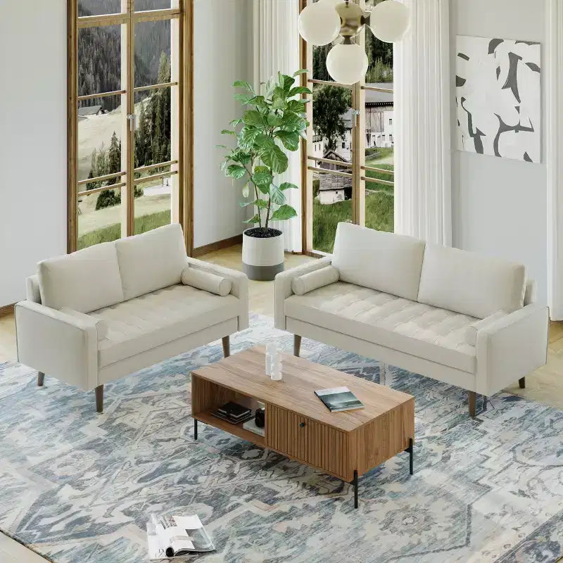 Canapé et causeuse Luige 2 pièces de style Mid-Century Modern avec accoudoirs carrés en similicuir – Tree City