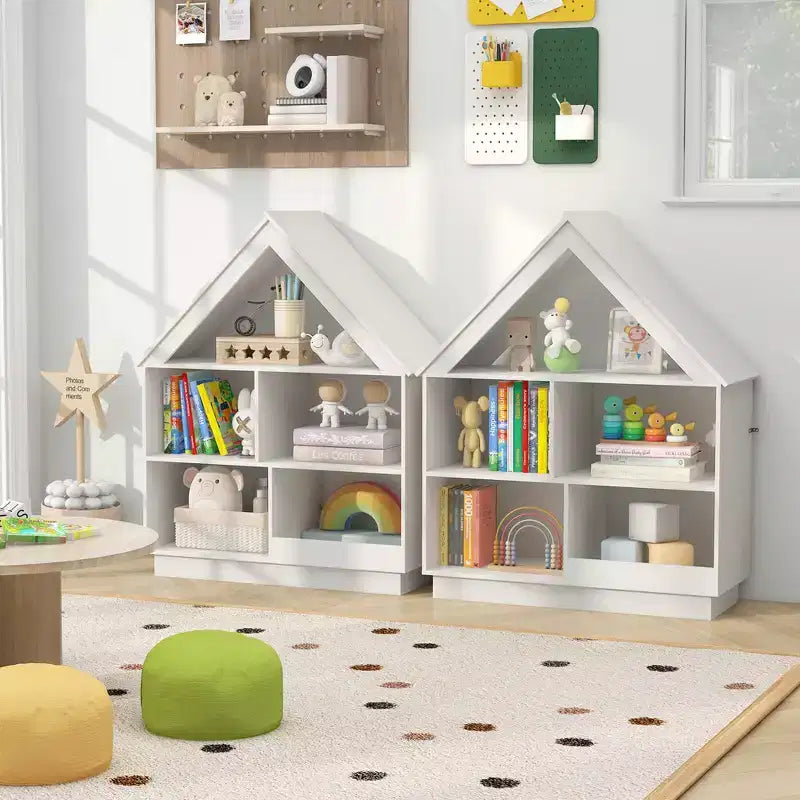 Costway Bibliothèque pour enfants en bois en forme de maison de poupée avec étagères ouvertes et système anti-basculement Blanc/Marron