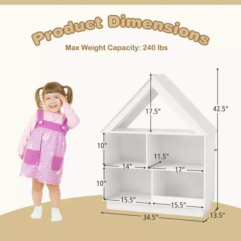 Costway Bibliothèque pour enfants en bois en forme de maison de poupée avec étagères ouvertes et système anti-basculement Blanc/Marron