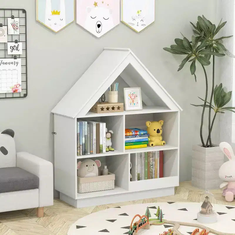 Costway Bibliothèque pour enfants en bois en forme de maison de poupée avec étagères ouvertes et système anti-basculement Blanc/Marron