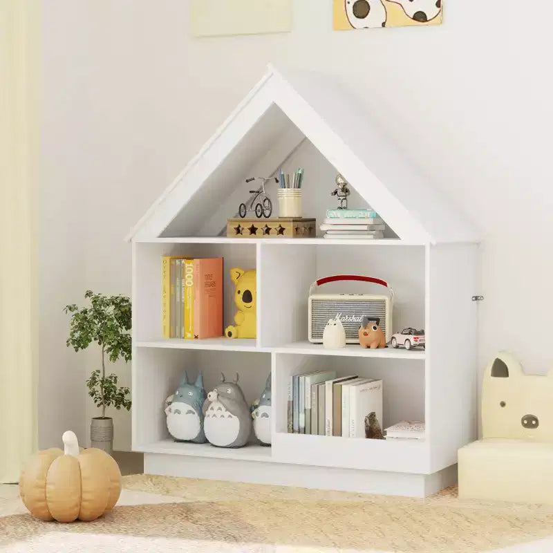 Costway Bibliothèque pour enfants en bois en forme de maison de poupée avec étagères ouvertes et système anti-basculement Blanc/Marron