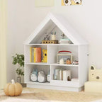 Costway Bibliothèque pour enfants en bois en forme de maison de poupée avec étagères ouvertes et système anti-basculement Blanc/Marron