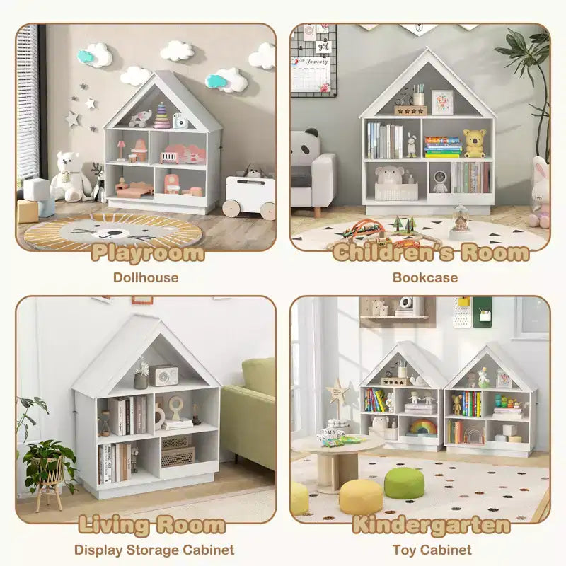 Costway Bibliothèque pour enfants en bois en forme de maison de poupée avec étagères ouvertes et système anti-basculement Blanc/Marron