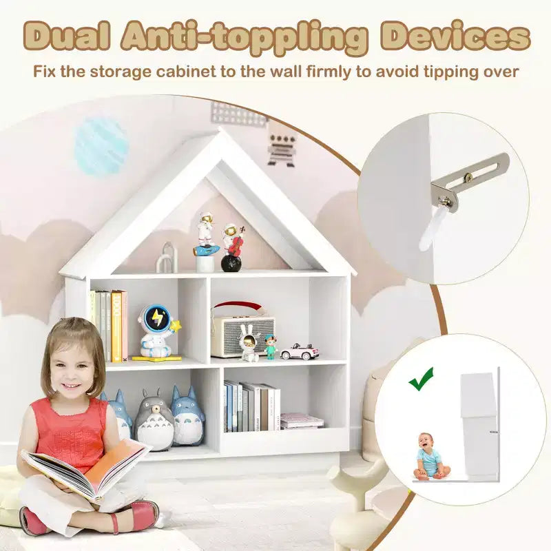 Costway Bibliothèque pour enfants en bois en forme de maison de poupée avec étagères ouvertes et système anti-basculement Blanc/Marron