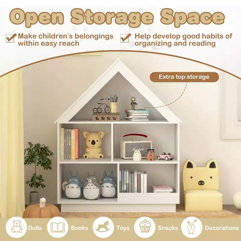 Costway Bibliothèque pour enfants en bois en forme de maison de poupée avec étagères ouvertes et système anti-basculement Blanc/Marron