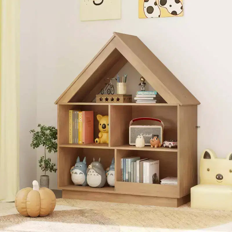 Costway Bibliothèque pour enfants en bois en forme de maison de poupée avec étagères ouvertes et système anti-basculement Blanc/Marron