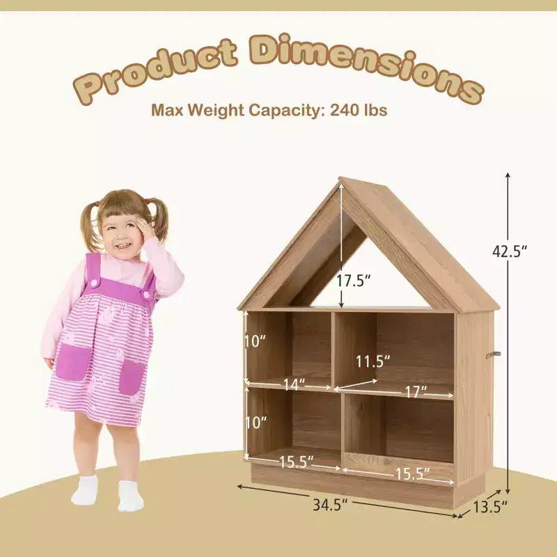 Costway Bibliothèque pour enfants en bois en forme de maison de poupée avec étagères ouvertes et système anti-basculement Blanc/Marron