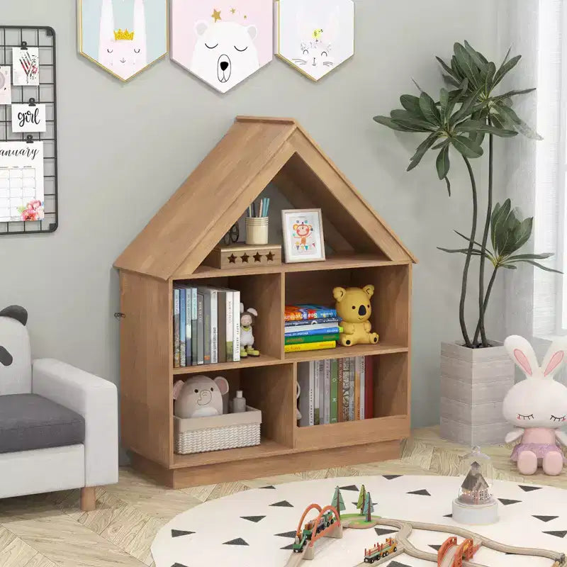 Costway Bibliothèque pour enfants en bois en forme de maison de poupée avec étagères ouvertes et système anti-basculement Blanc/Marron