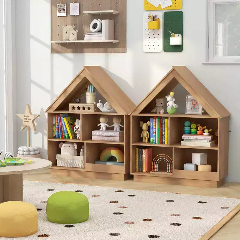 Costway Bibliothèque pour enfants en bois en forme de maison de poupée avec étagères ouvertes et système anti-basculement Blanc/Marron