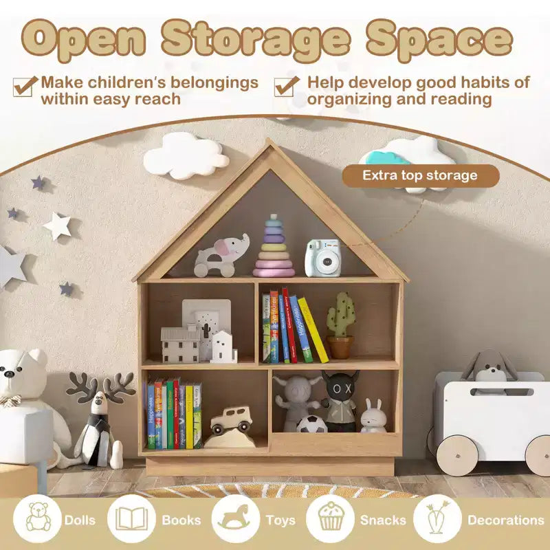Costway Bibliothèque pour enfants en bois en forme de maison de poupée avec étagères ouvertes et système anti-basculement Blanc/Marron