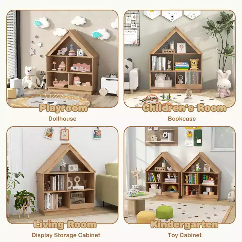 Costway Bibliothèque pour enfants en bois en forme de maison de poupée avec étagères ouvertes et système anti-basculement Blanc/Marron