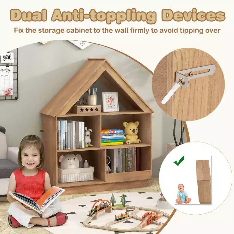 Costway Bibliothèque pour enfants en bois en forme de maison de poupée avec étagères ouvertes et système anti-basculement Blanc/Marron