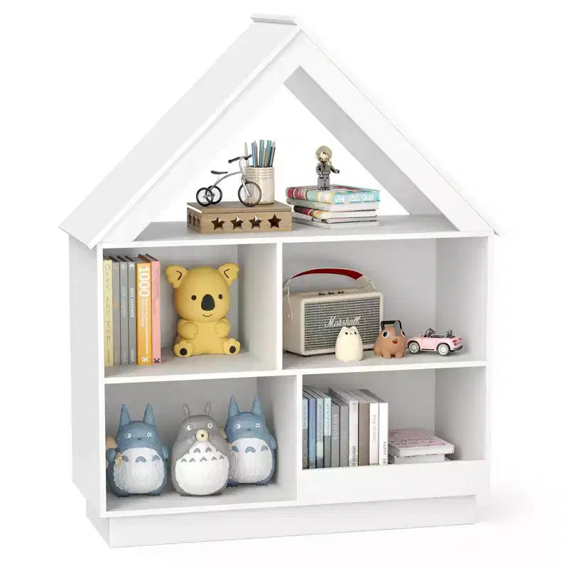 Costway Bibliothèque pour enfants en bois en forme de maison de poupée avec étagères ouvertes et système anti-basculement Blanc/Marron