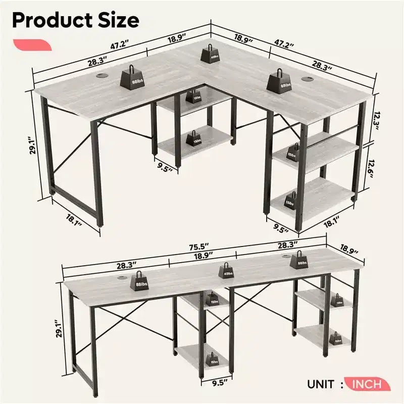 Bestier Bureau d'angle en forme de L de 47'', bureau d'ordinateur réversible avec étagères réglables, table d'étude pour 2 personnes, idéal pour les petits espaces de bureau à domicile