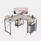 Bestier Bureau d'angle en forme de L de 47'', bureau d'ordinateur réversible avec étagères réglables, table d'étude pour 2 personnes, idéal pour les petits espaces de bureau à domicile